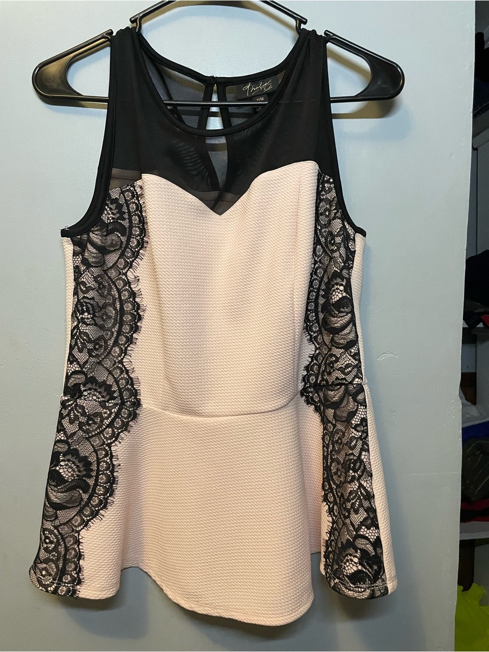 Thalia Sodi Blush & Black Lace-Panel Sleeveless Mini Dress.  Size M - #07